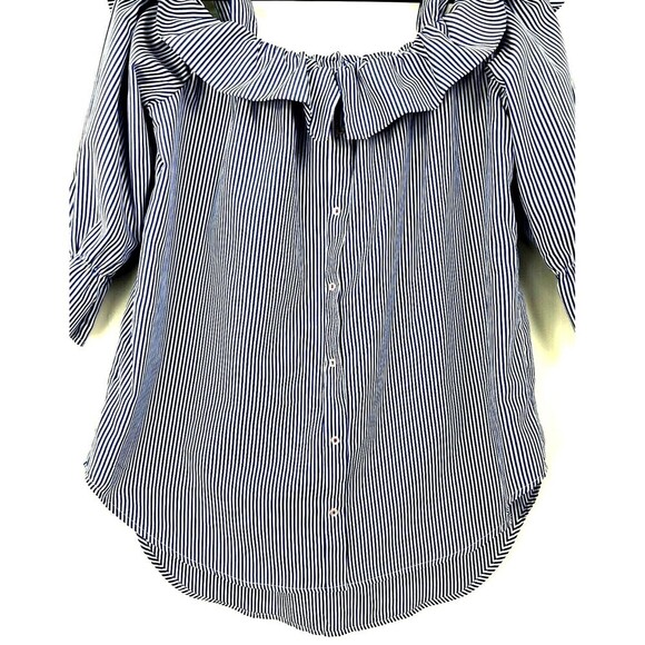 Janet Chung Womens Size L  Blouse Blue White Striped Off Shoulder Ruffle Top H2 - Picture 7 of 12